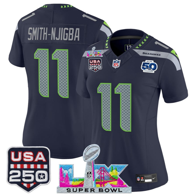 Women's Seattle Seahawks #11 Jaxon Smith-Njigba Navy 2025 F.U.S.E. Super Bowl LX Patch And 50th Season & USA 250' Patch Vapor Limited Football Stitched Jersey(Run Small)